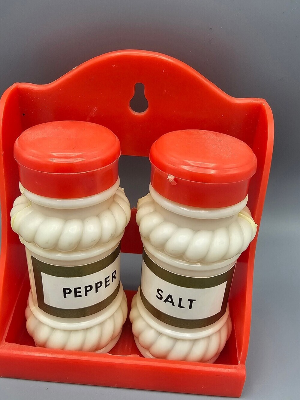 Vintage Red and White Plastic Salt and Pepper Shakers with Holder